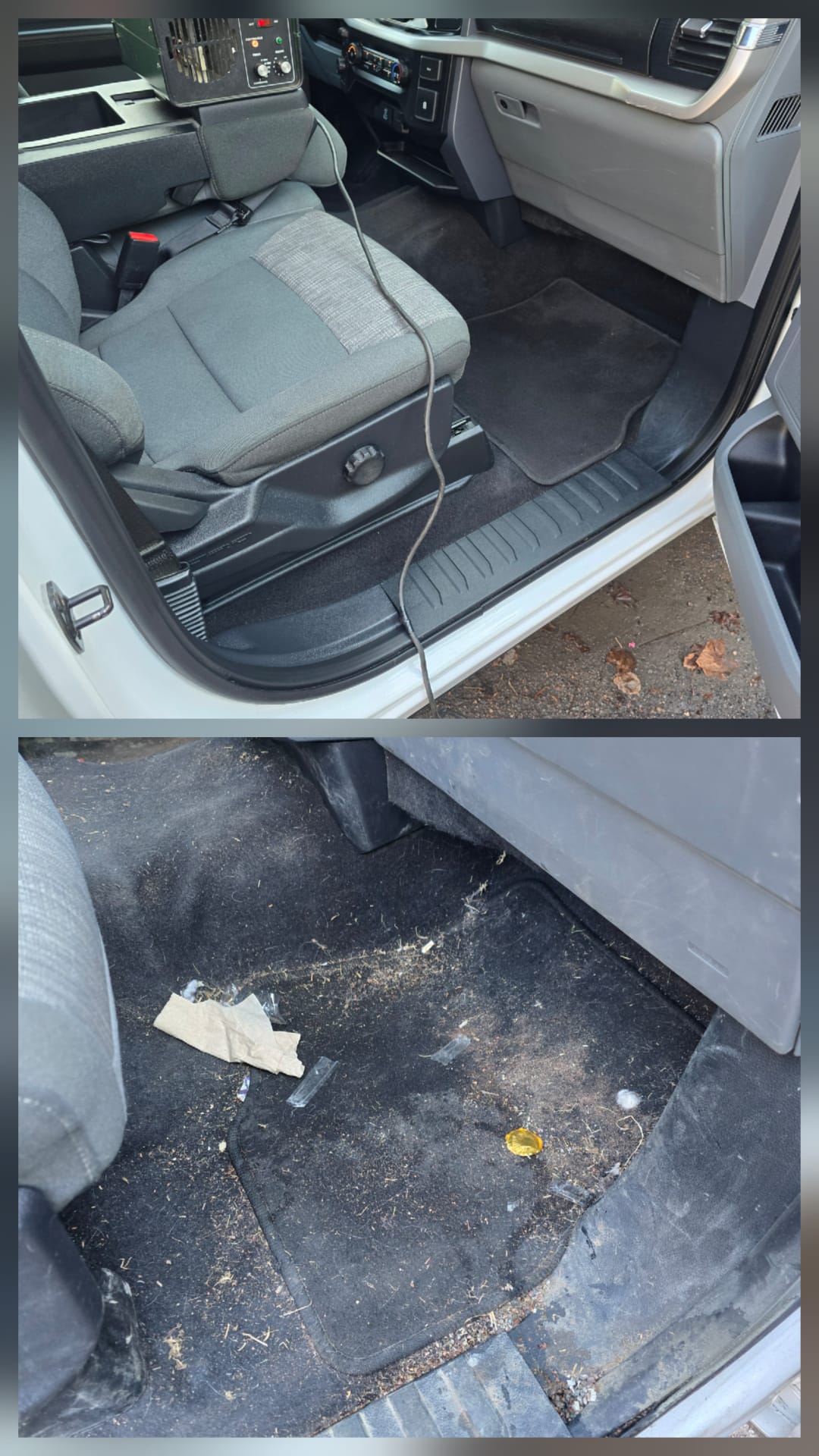 Car interior before detailing showing dirt and wear
